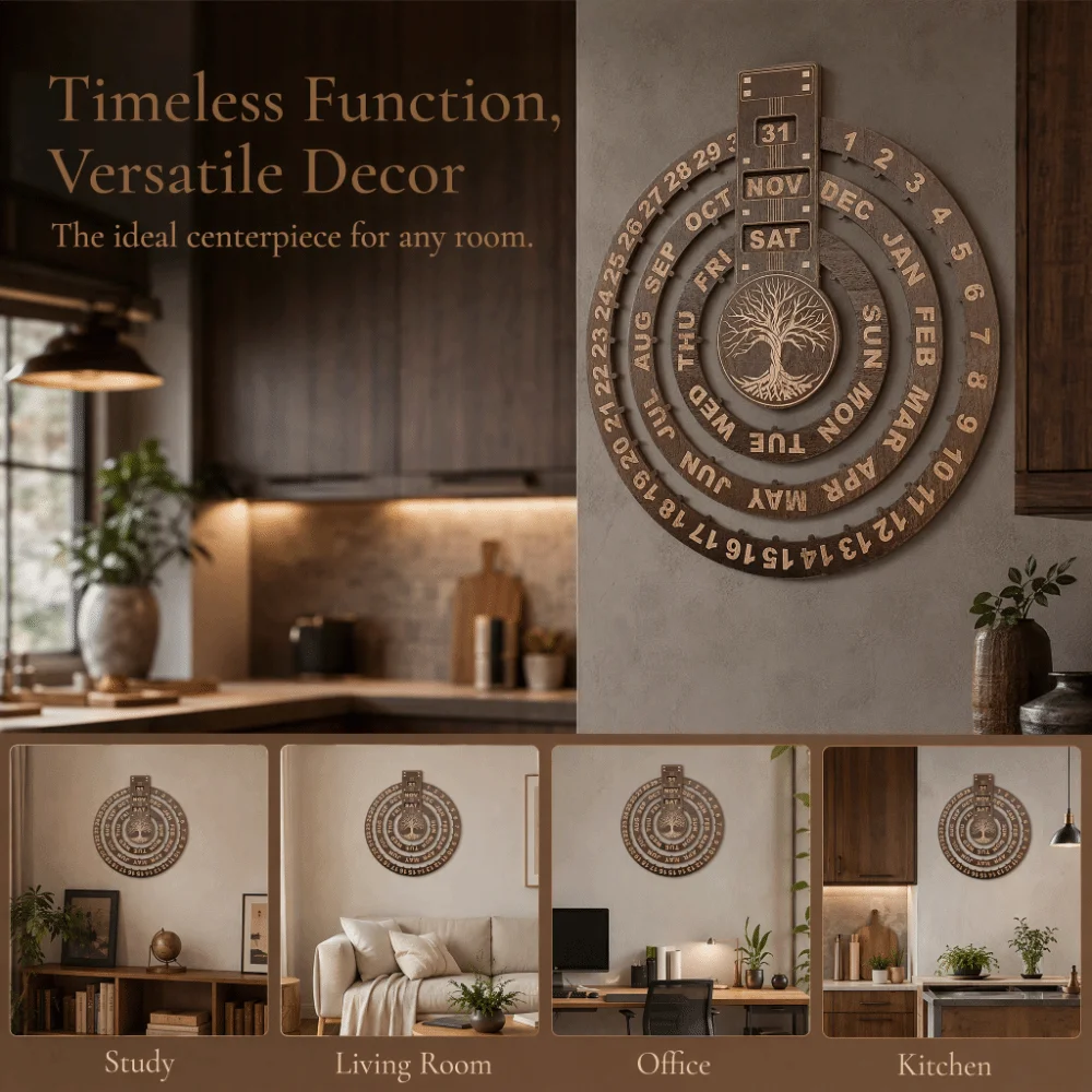 12.01X10.83in Wooden Perpetual Calendar Moon Phase Display Round Dial Wall Hanging Calendar Adjustable Day/Month/Week