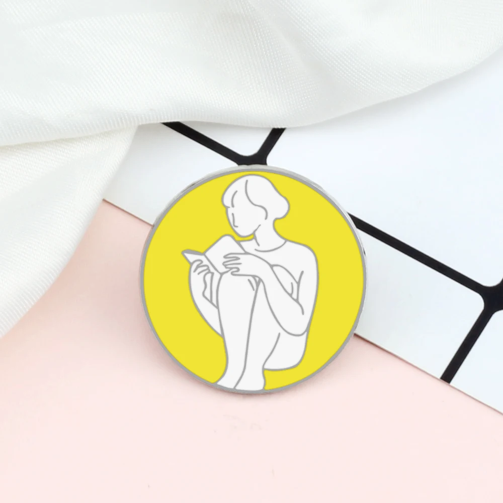Simple Girl Reading Book Brooch Cartoon Art Abstract Enamel Pins Yellow Round Badge Jewelry Cloth Bag Lapel Pin Gift for Friends