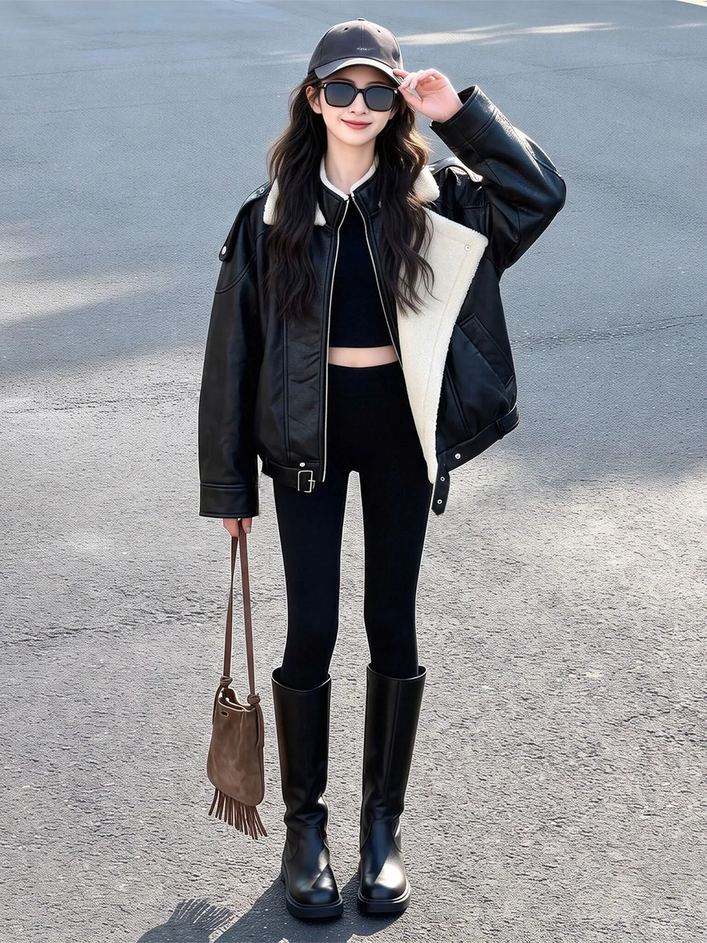Girls Korean Style Suede Jacket Fleece Lined Fur Coat with Leather Buckle Thick Warm Outerwear for Autumn & Winter