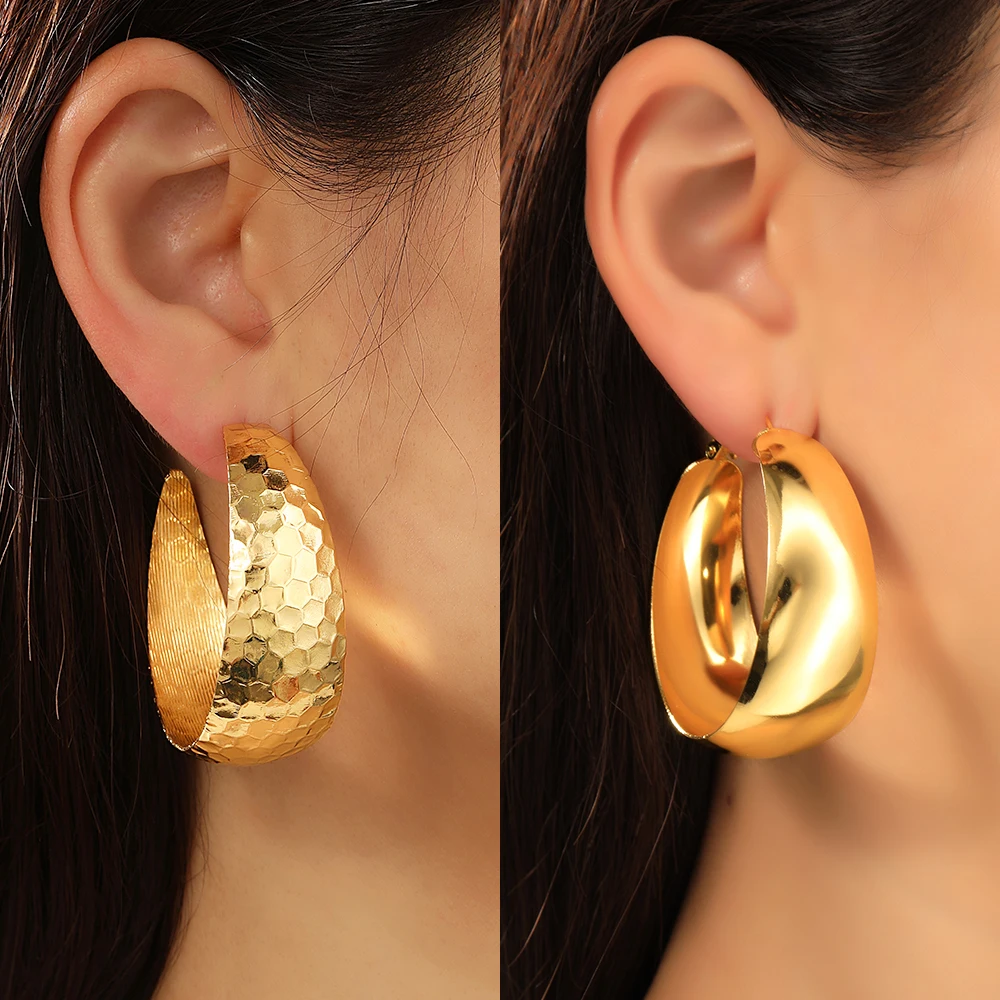 Big Gold Plated Textured Metal Circle Hoop Earrings Set for Women Vintage Geometric Hammered Exaggerated Female Commute Jewelry