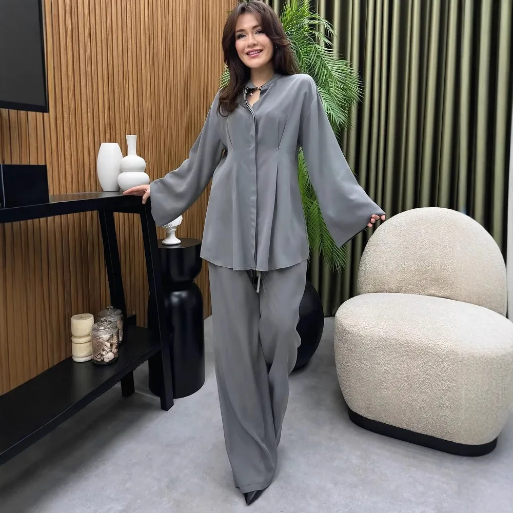 SuperAen Spring 2026 New Korean Style Fashion Long-sleeved Single-breasted O-neck Shirt Wide-leg Pants Sets