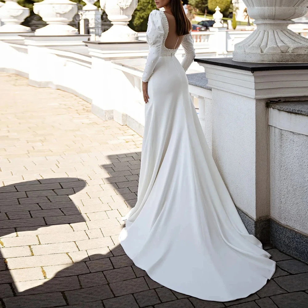 فساتين زفاف حورية البحر لؤلؤ مخصصة 2025 فتحة رقبة مربعة بدون ظهر فستان زفاف على شكل قلب كم كامل رداء de mariage