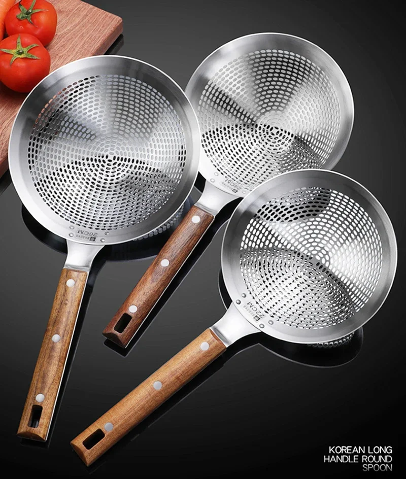 Espumadera de colador de cocina extra grande con mango de madera resistente, colador de cuchara ranurada de acero inoxidable 304 - Herramientas de cocina