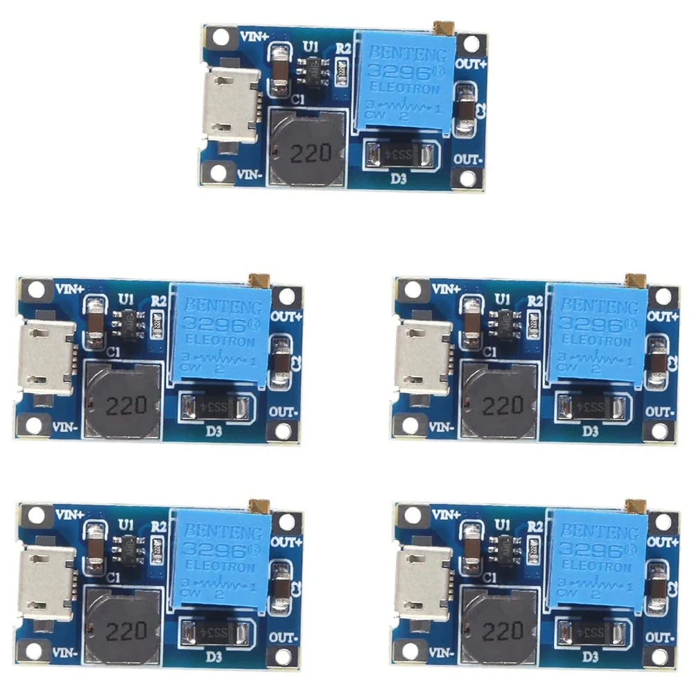 5 Stück 2A DC-DC MT3608 Step Up Boost Modul mit Micro-USB, Step Up Boost Converter Netzteil Spannungsregler