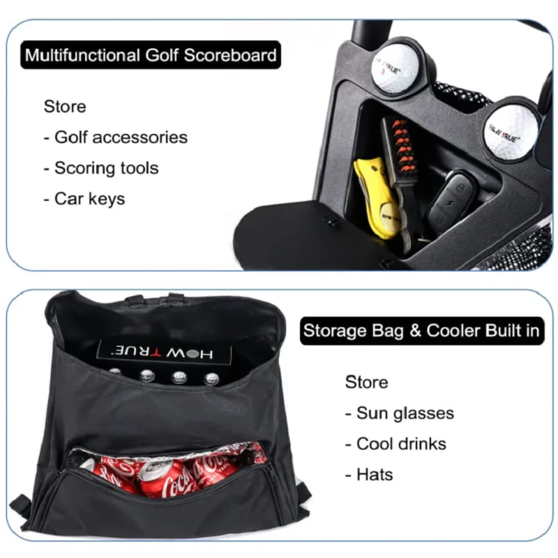 HOW TRUE Golf Push Cart, 3 Wheels Folding Golf cart with Foot Brake & Phone Holder & Waterproof Cooler Bag, Portable Lightweight