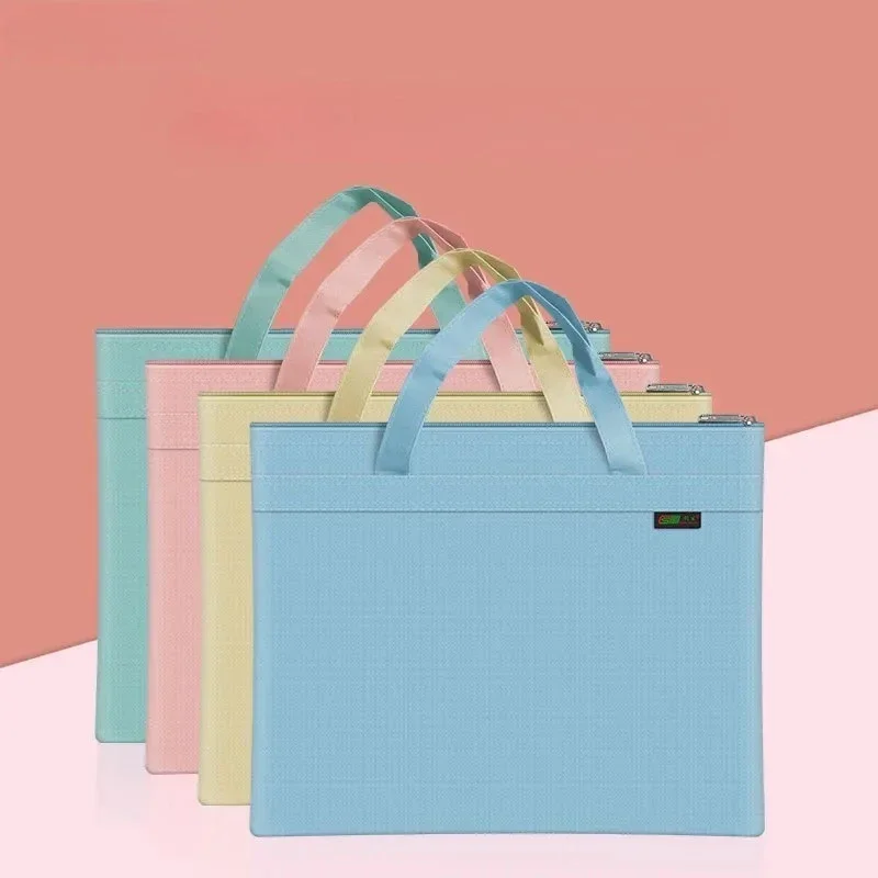 1PC Zipper Pouch 11x14 in, Large Double Pocket Waterproof File Bag with Handle, A4 Size Foldable Document Storage Macaron Color