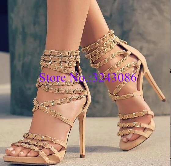 Blue Denim Chains Decor Lady Sandals Sexy Thin Heel Cross Strap Jeans Woman Pumps Fashion Female Banquet Shoes Dropship