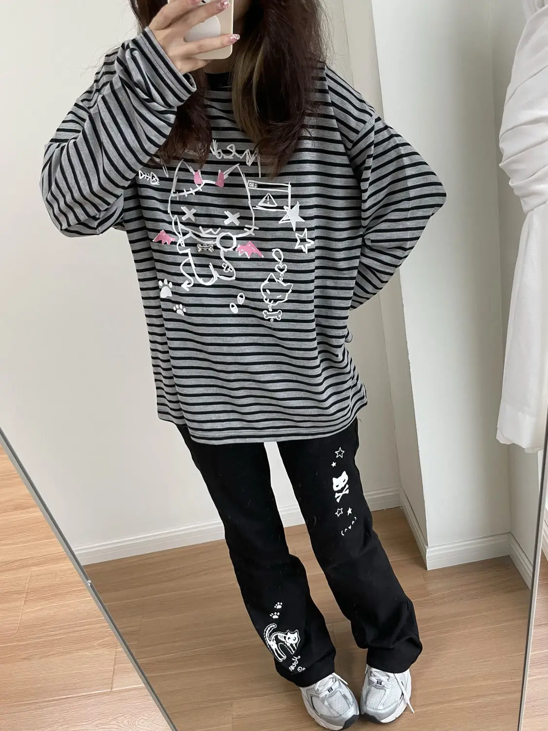 QWEEK Harajuku Kawaii Cartoon Cat Print Striped Sweatshirts Women Sweet Cute Graphic Hoodies Japanese Y2k Style Long Sleeve Tops