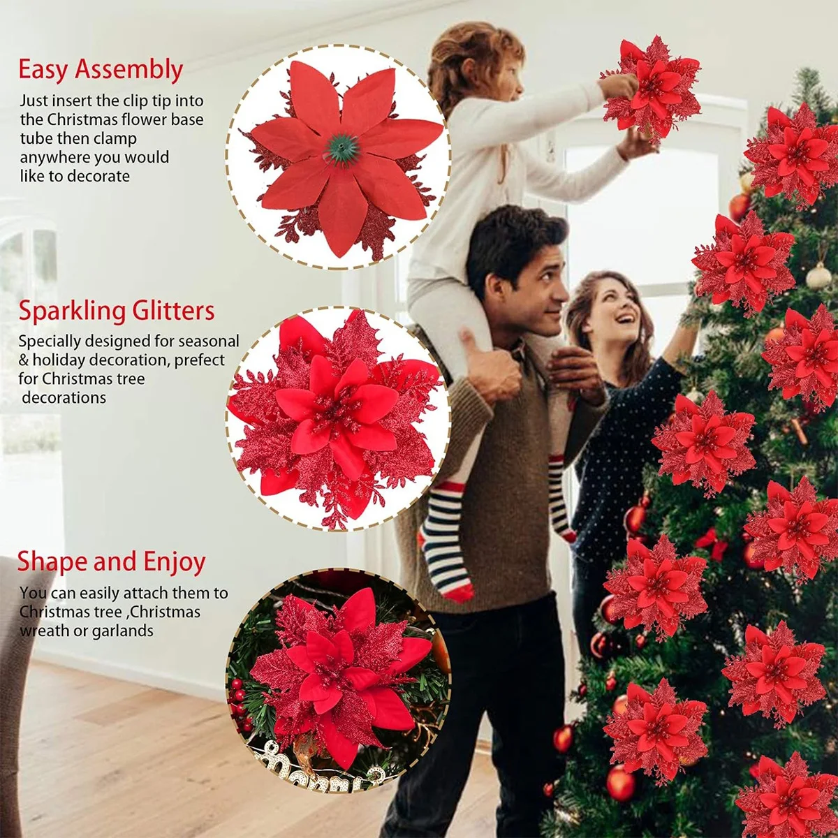 Weihnachts-Glitzerblumen, künstliche Blumen, Weihnachtsbaumschmuck für Zuhause, 2025, Baum-Anhänger, Ornamente, Navidad, Neujahr 2026, Geschenk – Detail 14