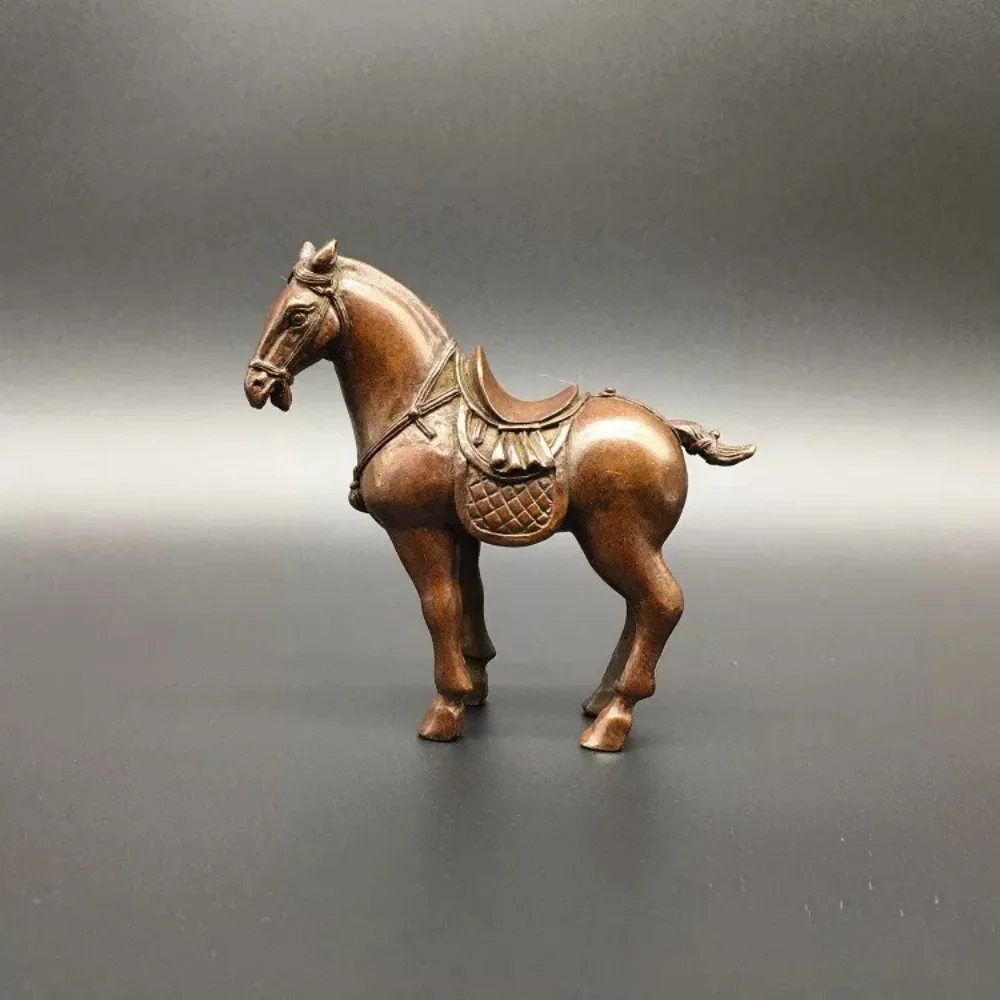 Solid Brass Small Tang Horse Statue Antique Patina Standing Steed with Saddle Tea Pet Handpiece Desk Gift
