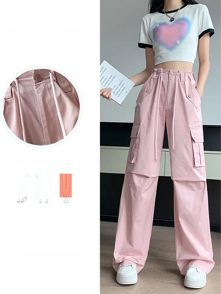Roze hoge taille rechte pijpen dunne casual sportbroek dames zomer losse wijde pijpen werkkleding broek Koreaanse Sle pendelen