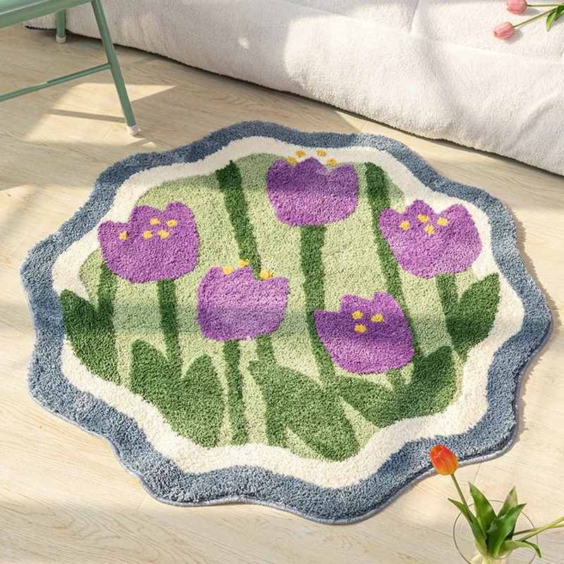 Pastoral Tulip Flower Round Rug Bedroom Home Computer Chair Carpet Thick Soft Kids Room Floor Mat Decor Sofa Table Area Rugs