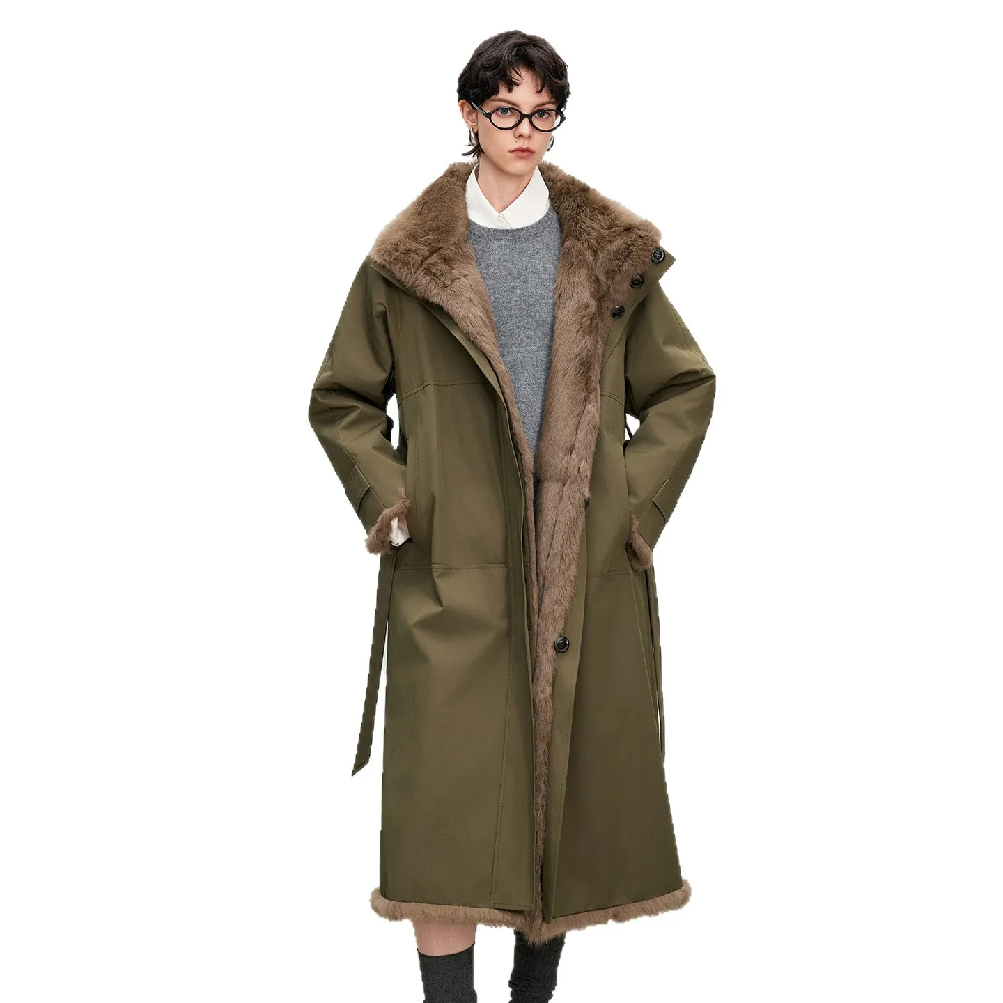 Chaqueta larga de piel para mujer, abrigo de invierno con forro de piel de conejo de doble cara, abrigo de piel de cuero de tamaño adulto de estilo informal cómodo