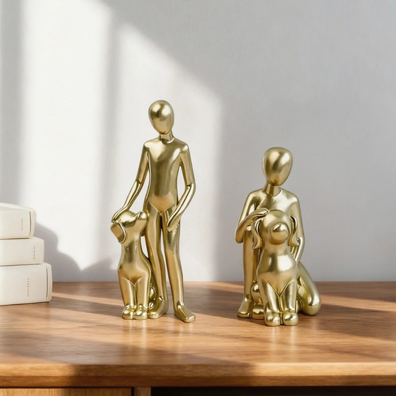 

Gold Resin Human and Dog Figurine Set Abstract Pet Lovers Statue Home Decor for Living Room and Office