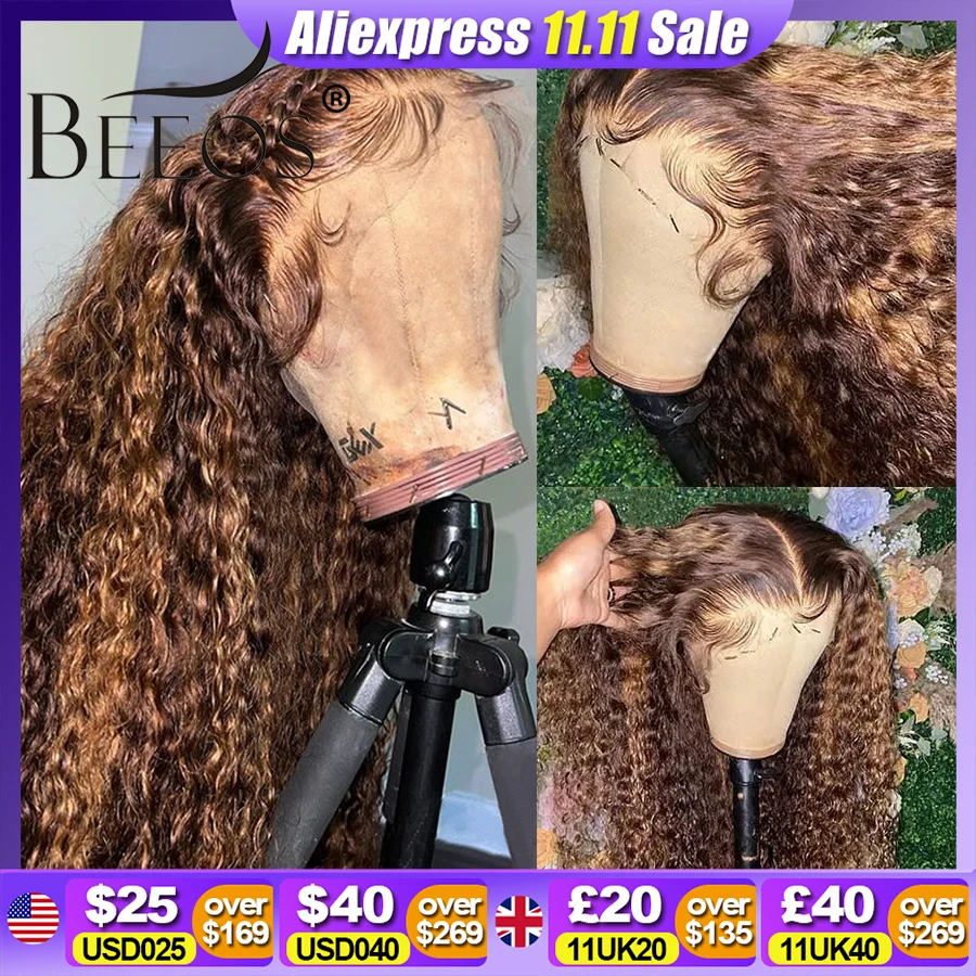 BEEOS 250% Highlight Wig Human Hair Curly 13x6 HD Lace Frontal Wig Water Wave Pre plucked 5x5 HD Closure Wigs For Women Skinlike