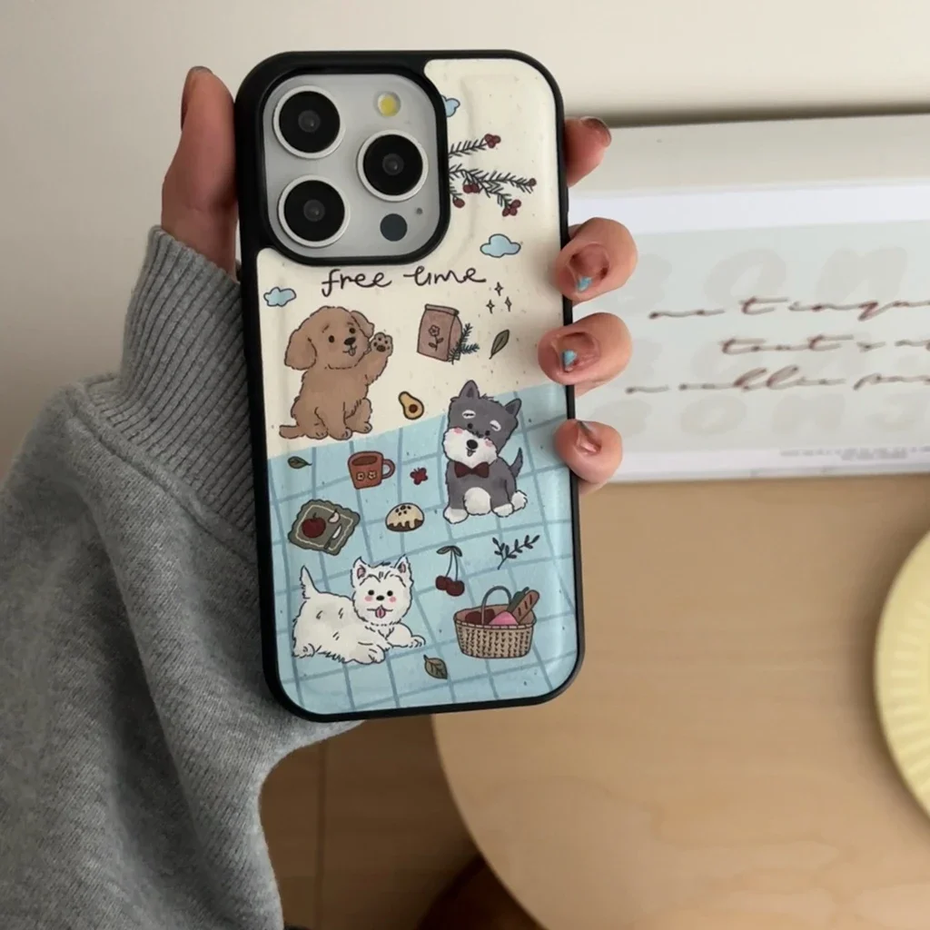 Funny Cartoon Three Puppy Picnic Wild Matte Shockproof Protective Phone Cover Case for iPhone 16 15 14 13 12 Pro Max