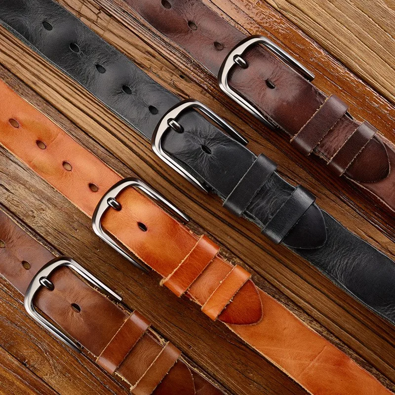 Pure handcrafted top layer men's leather pleated casual and versatile belt