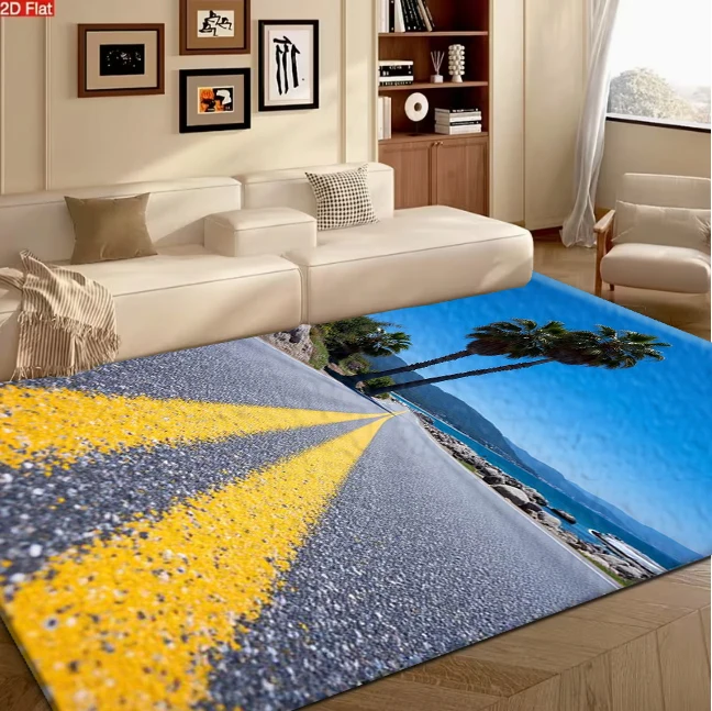 Coastal Palm Tree Highway Scenery Carpet Flooring, Tropical Seaside Road View Non-Slip Floor Rug for Living Room Bedroom Home Decor