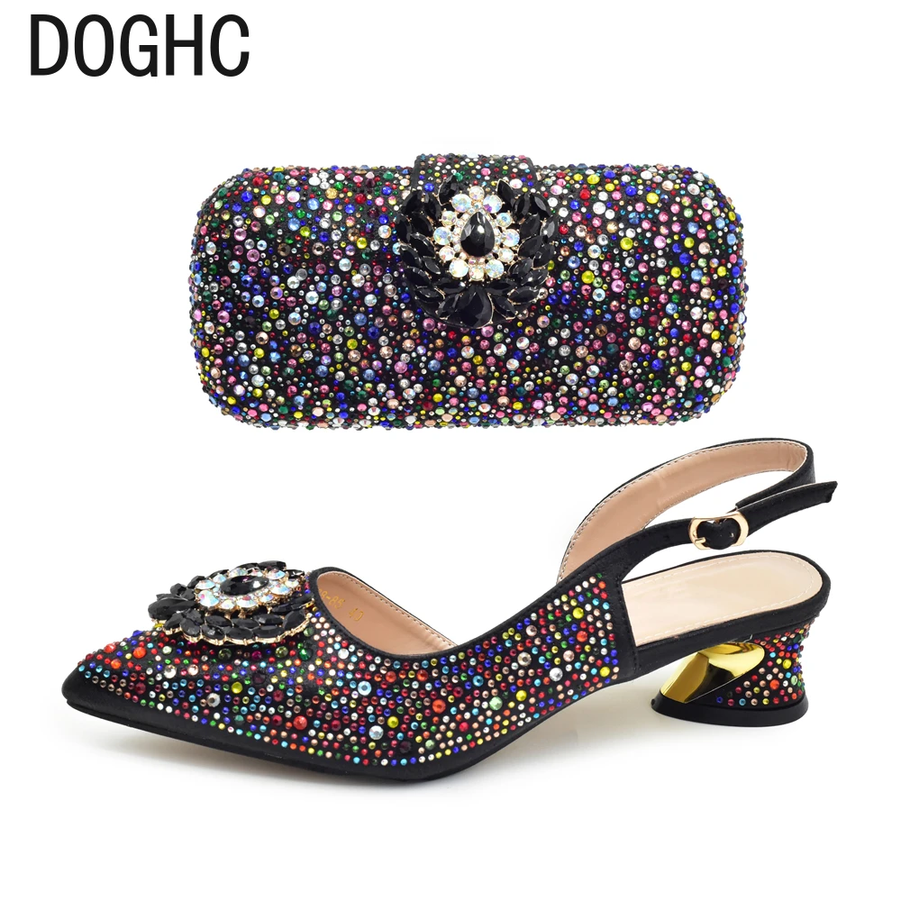 

New Arrival Women Nigerian Italian Shoes and Bags Set Decorated with Rhinestone African Women Luxury Shoe and Bag Matching Set