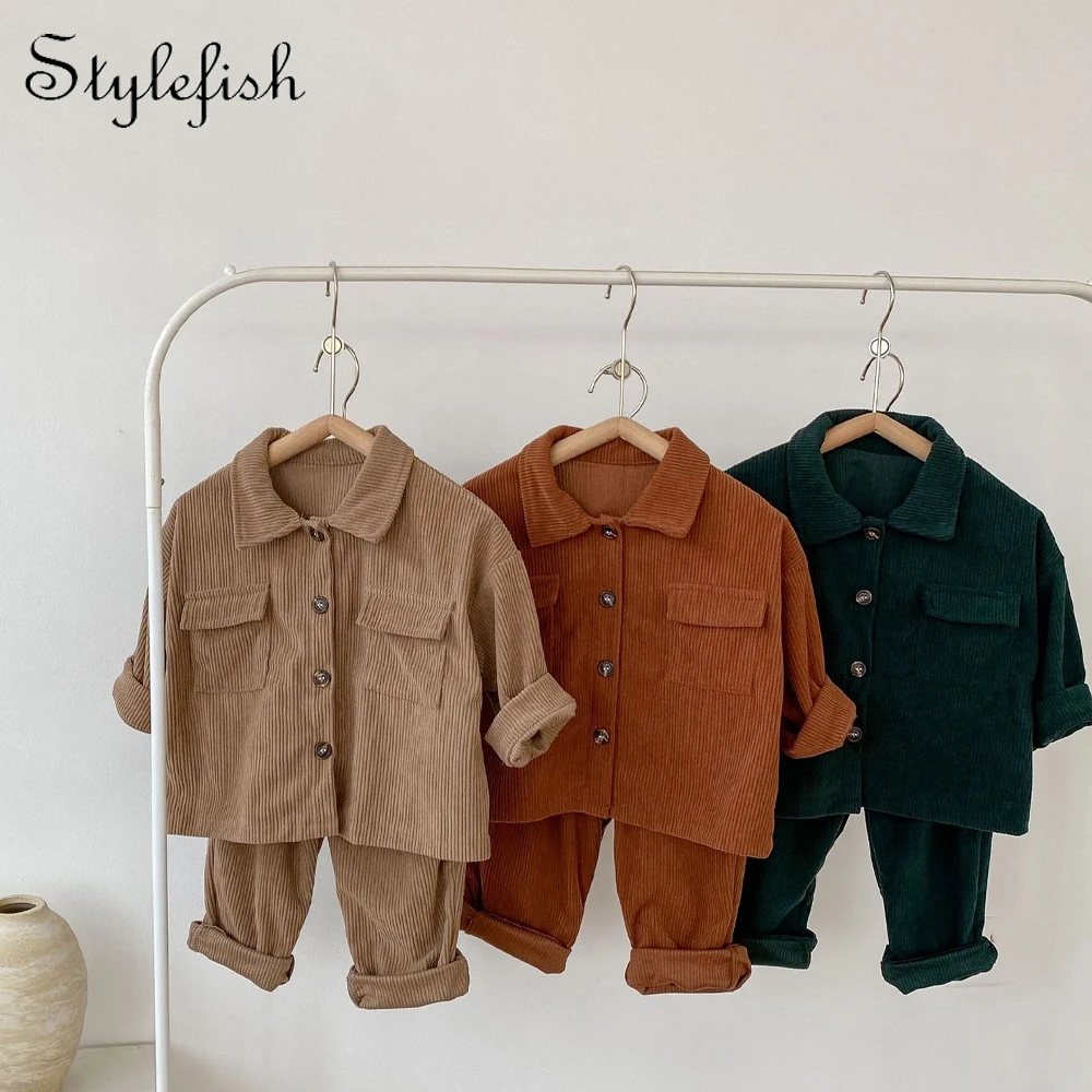 Spring and Autumn New 0-3 Year Old Baby Boys and Girls Fashion Polo Collar Cardigan Coat+Trouser Corduroy Two Piece Set