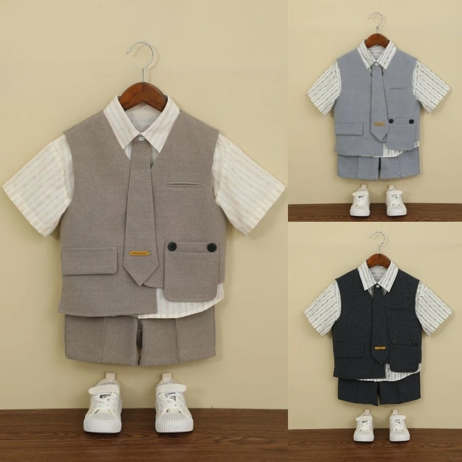 School Boys Summer Vest Shorts Suit Set with Short Sleeve Shirt Tie Kids Loose Waistcoat Formal Casual Performance Outfit 4-12Y