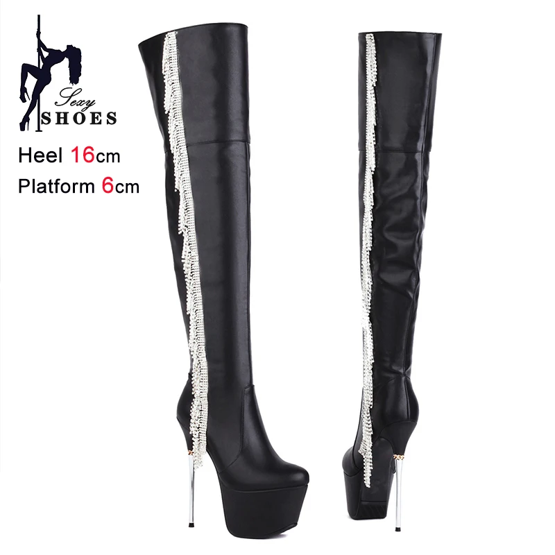 

Сапоги выше колена для танцев на пилоне, зимние рыцарские сапоги из коровьей кожи на каблуке с бриллиантами и кисточками, непромокаемая женская обувь на платформе для ночного клуба