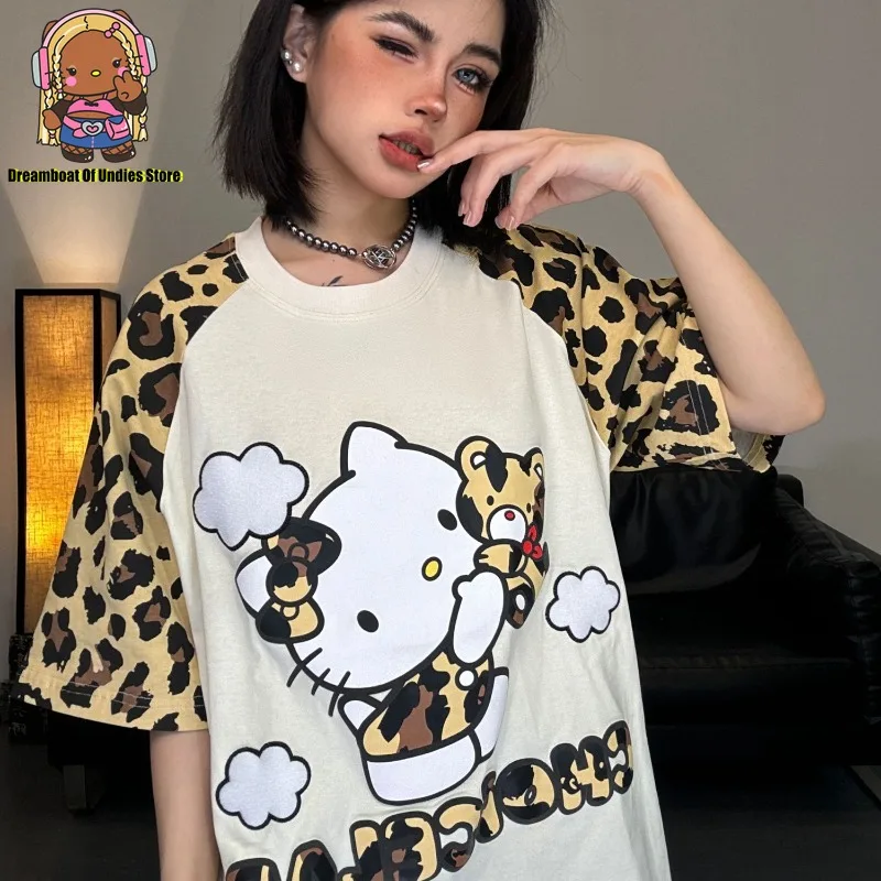 Hello Kitty Loose T-shirt Cotton American Casual Leopard Print Cute Cartoon Women Top Short Sleeve Fashion Tees Y2k Clothing