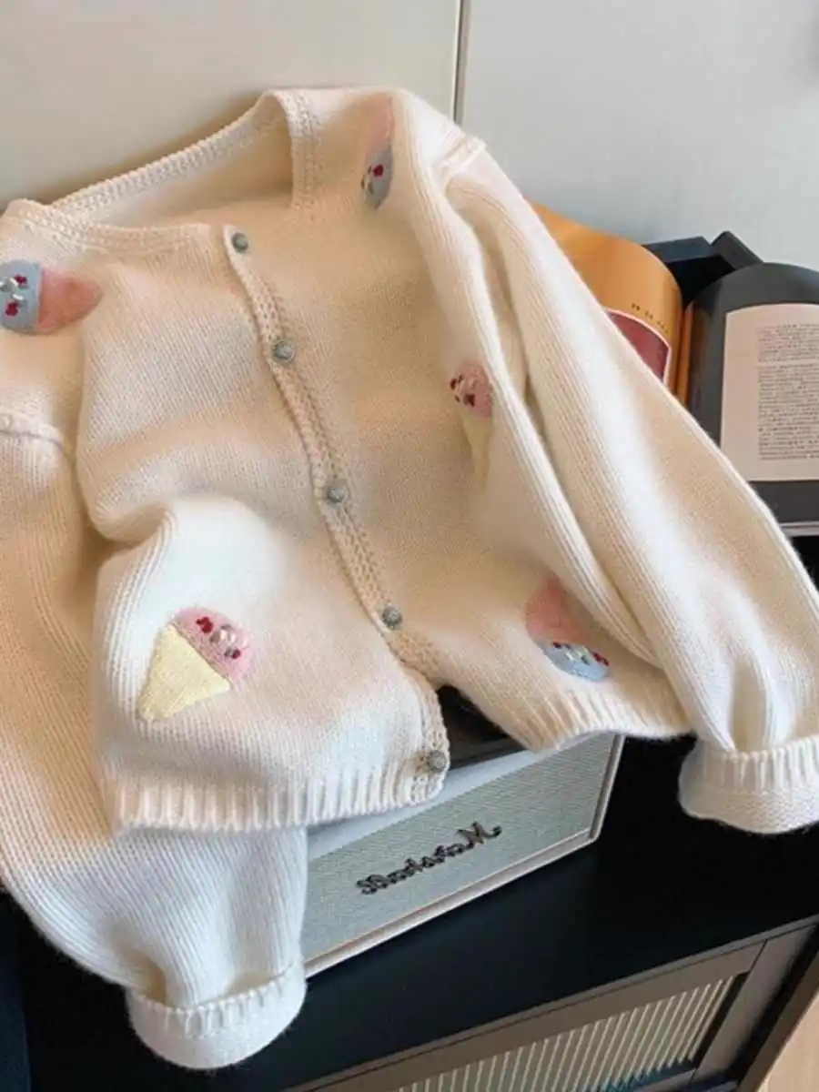 

Women's Sweater Coat Spring Autumn New Cute Ice Cream Embroidered Knitted Cardigan Fashion O-neck Thickened Warm Sweaters