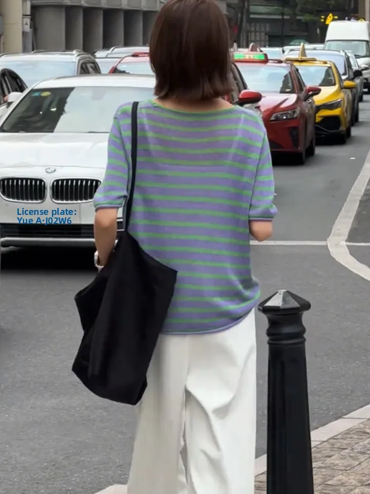 Camiseta holgada de punto transpirable coreana Sle a rayas ort Sve, camiseta moderna de verano, ropa superior de seda para mujer