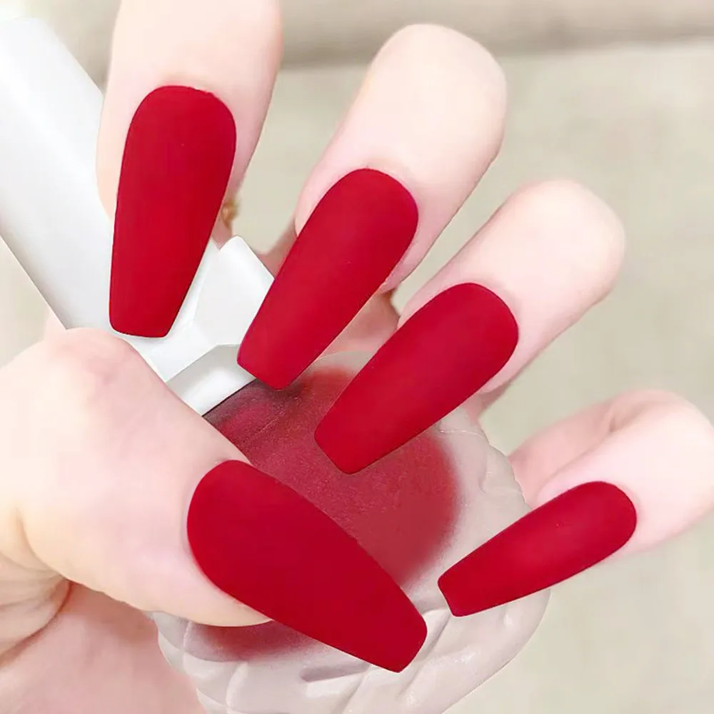 

24Pcs Matte Dark Red Acrylic False Nails With Jelly Glue Sticker Long Coffin Finger Tips DIY Finger Manicure Press On Fake Nails