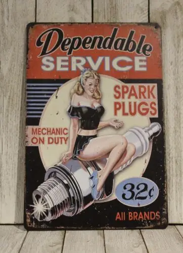 Sexy Pinup Girl Tin Metal Sign Vintage Style  Mechanic Garage Dependable Service