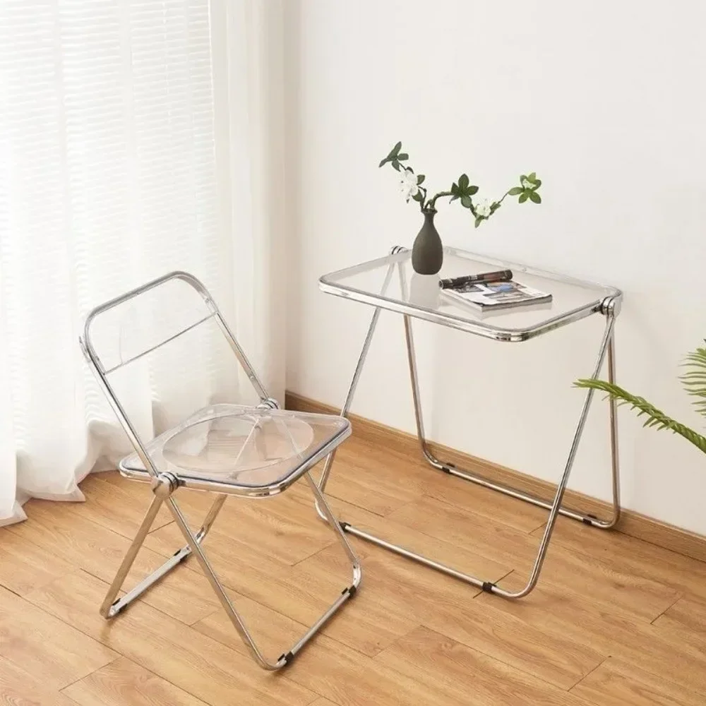 &Acrylic Folding Desk Metal Transparent Office Desk Bedroom Balcony Computer Table Ins Modern Simple