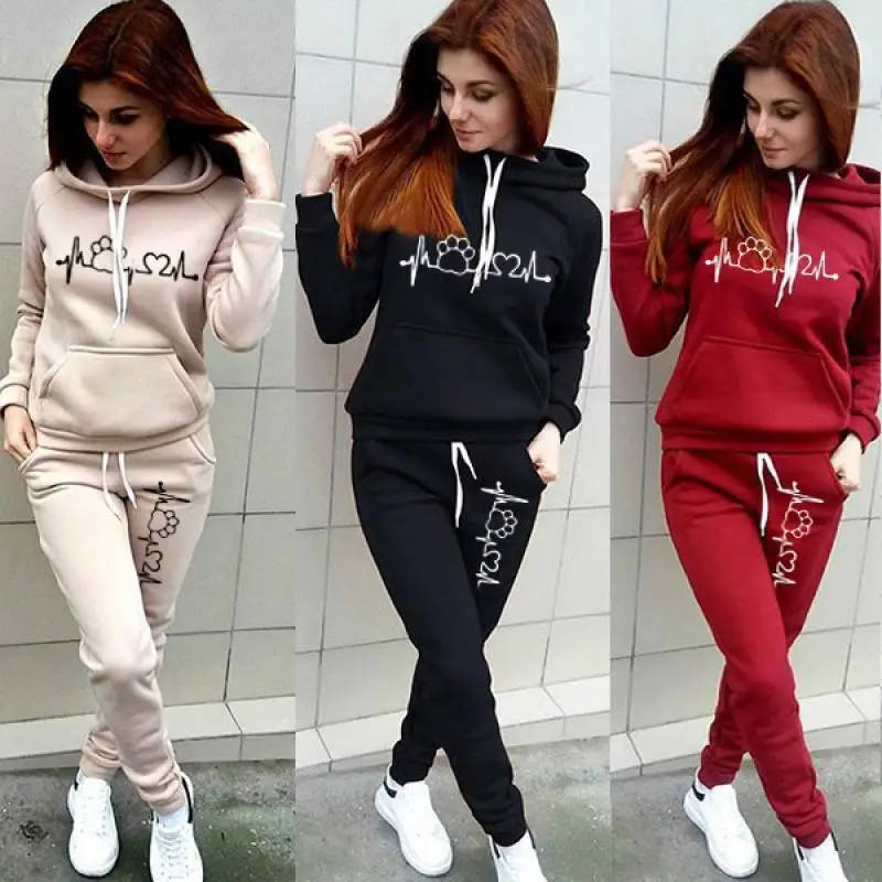 Solid Women Tracksuit Casual Hoodies Sweatshirt Pant Set Lounge Wear Sport Suit 2PCS Autumn Winter Clothes Hooded Thicken Sets