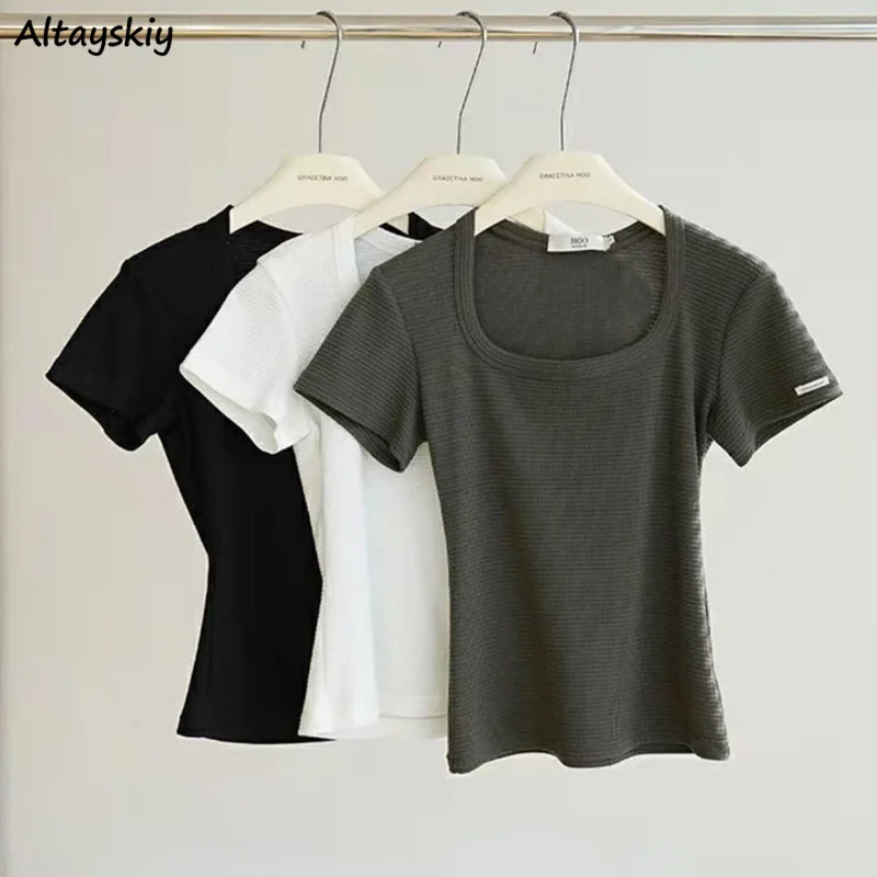 Short Sleeve T-shirts Women Summer Slim Solid Epaulet Basic Casual Simple Korean Fashion Aesthetic Elegant Ladies Soft Trendy