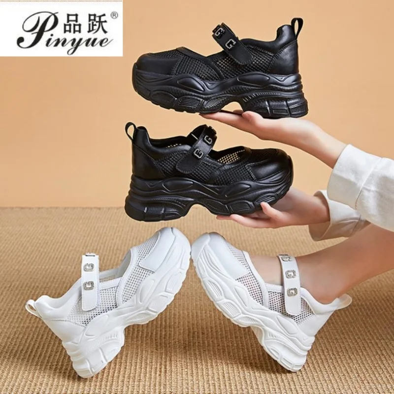 Genuine Leather Sneakers 7cm Platform Summer Mesh Shoes Wedge Hidden Heel Hookloop Sandals Fashion Sneakers Women Slip on Shoes