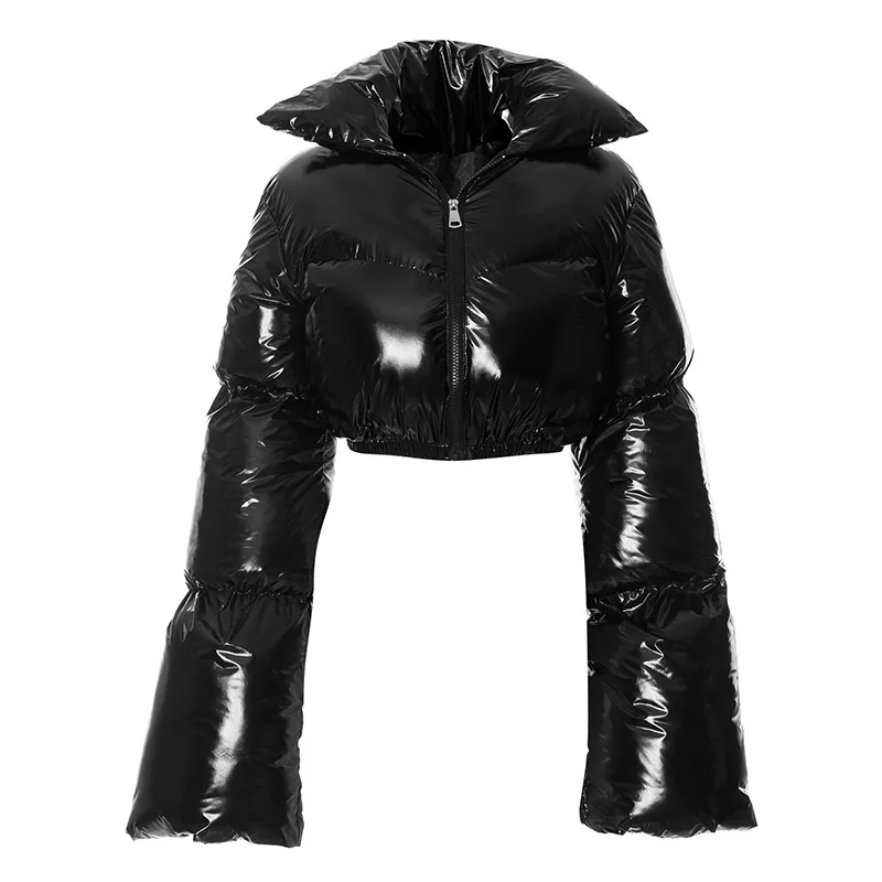 Winter Women Shinny PU Leather Puffer Jackets Warm Cute Bubble Coats Outerwear Bright Leather Parka Down Zipper Cropped Jackets