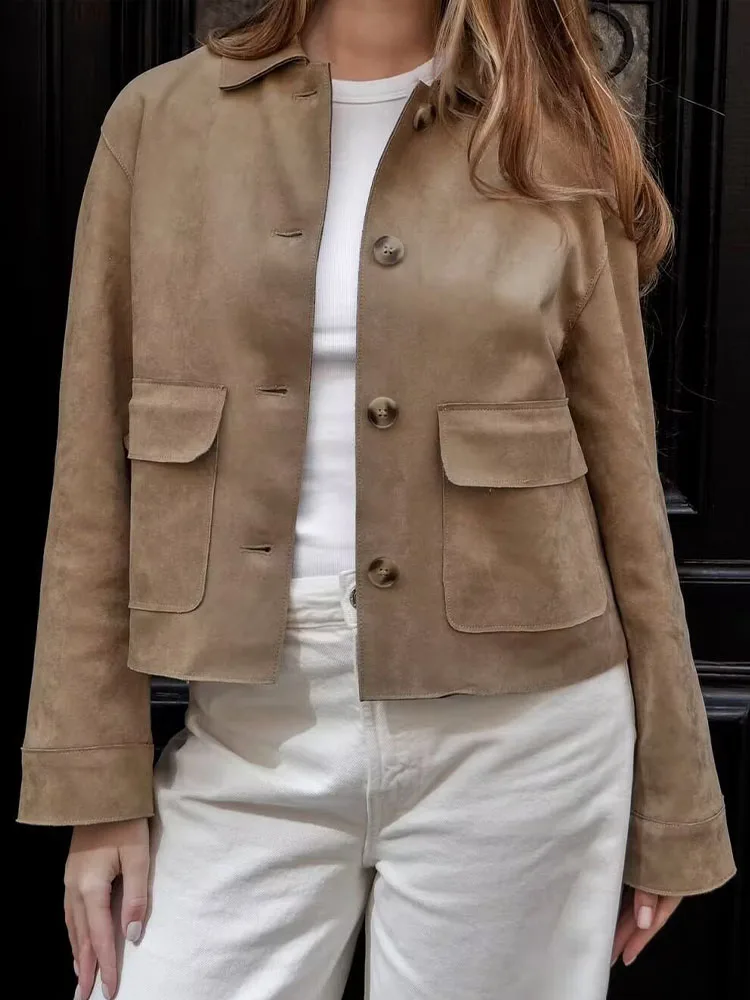 HH Women's Autumn New Fashion Vintage Solid With Pockets Suede Coats Female Lapel Single Breasted High Street Casual Jacket