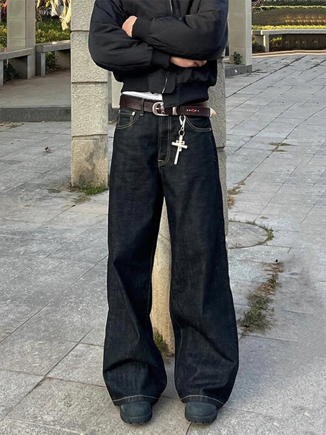 

Black Original Denim Wide Leg Men's Straight Washed Knife Jeans Cleanfit Leg Lengthening Micro Flared Pants
