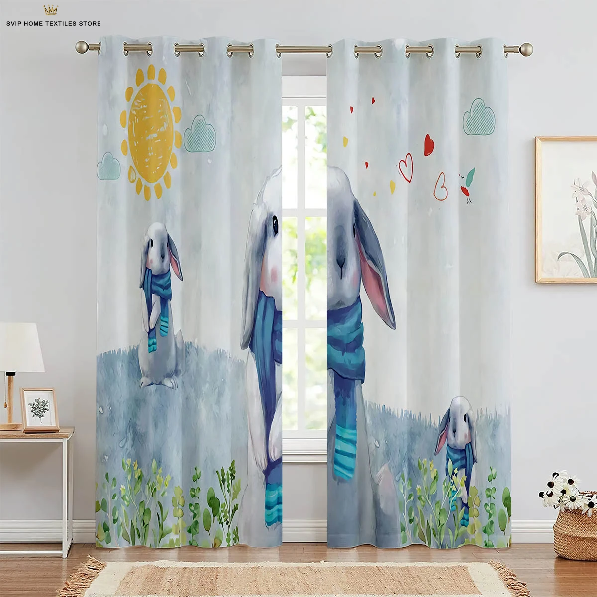 2pcs Cute Rabbit Easter Egg Printed Curtains Bedroom Living Room Children's Room Decorative Curtains Kids Gifts