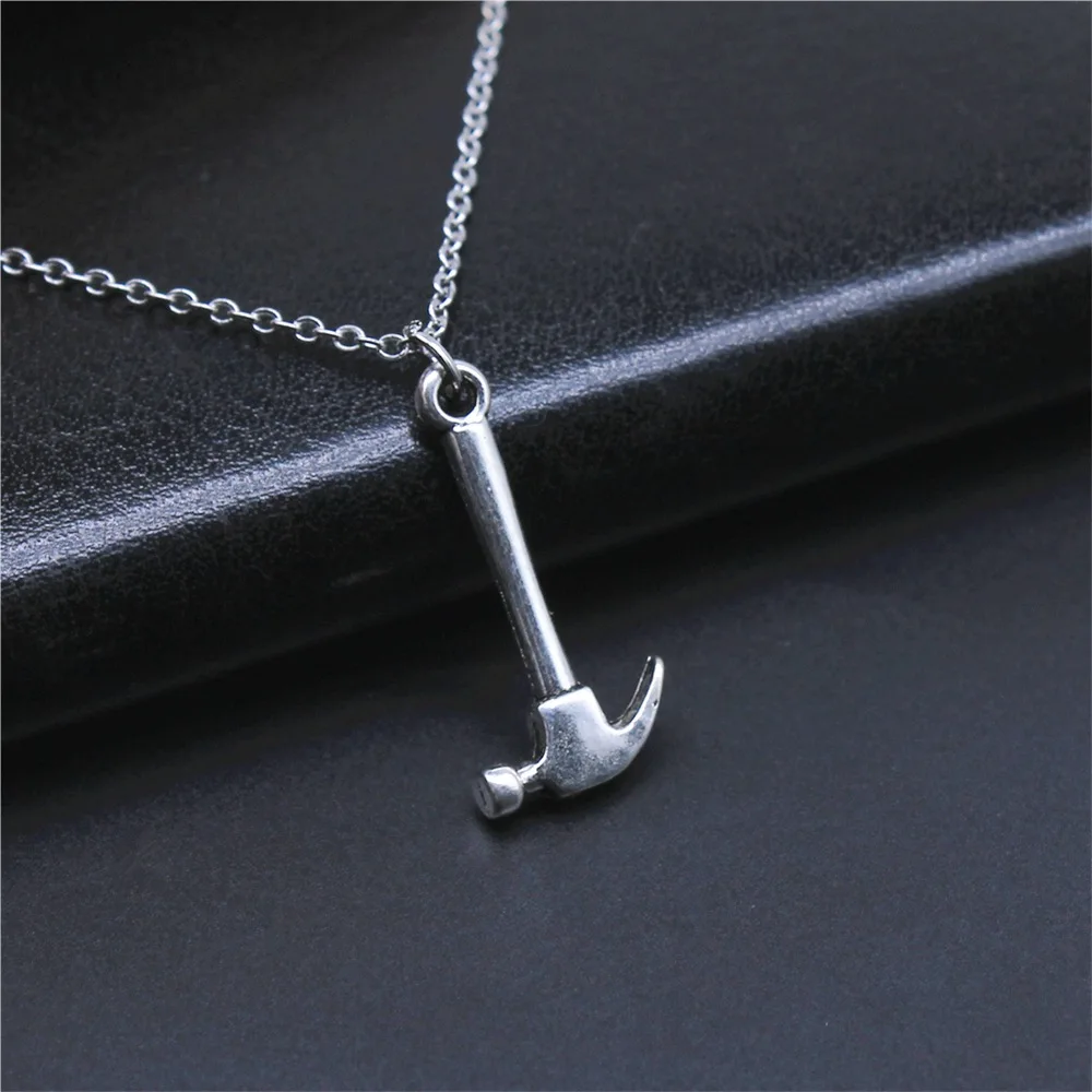 Simple Classic Fashion 25x12mm Antique Silver Color Hammer Pendant Girl Women Short Chain Necklaces Choker Necklace