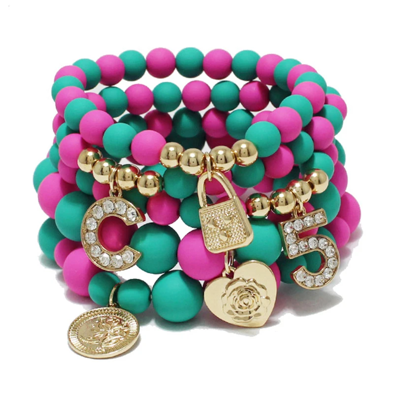 

5 PCS Bohemian Fashion Stretch Beaded Bracelets Set for Women Elegant Letter Pendant Adjustable Elastic Bracelet Jewelry