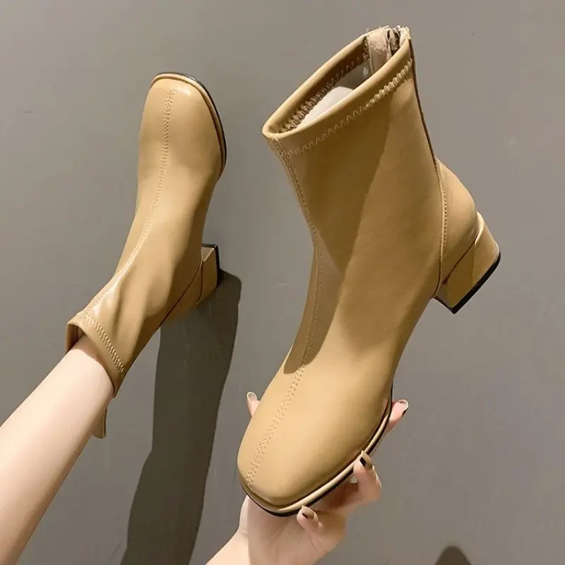 Women Beige High Heels Ankle Boot Winter Female Square Toe Chelsea Boots Short Boot Fashion Zip Women's Boots 2024 Autumn Winter