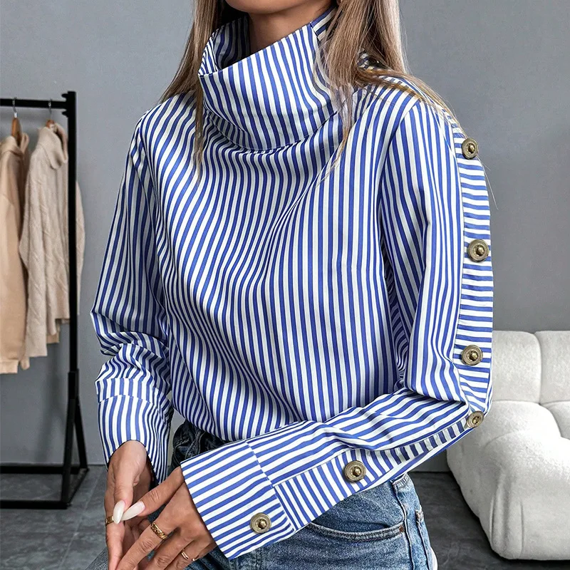 

Women's Fashion Striped Button Decor Cowl Neck Long Sleeve Shirt Slimming Comfort Casual Versatile Commute Elegant Designer Top