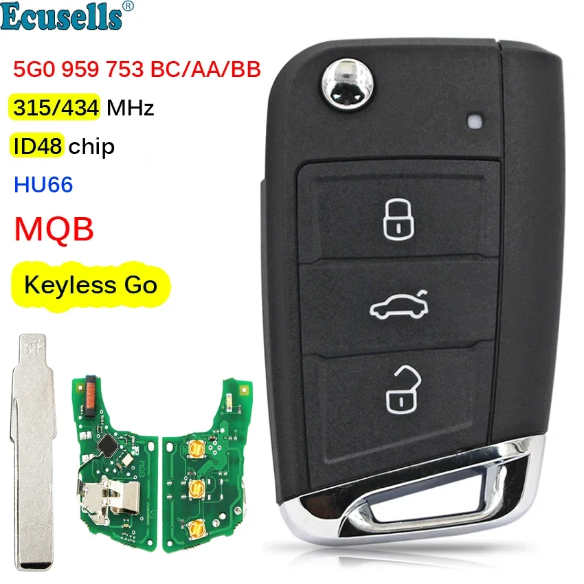 Keyless-Go MQB System Smart Remote Key 434Mhz ID48 Chip per Golf 7 Tiguan 2014-2018 FCC: 5 g0 959 753