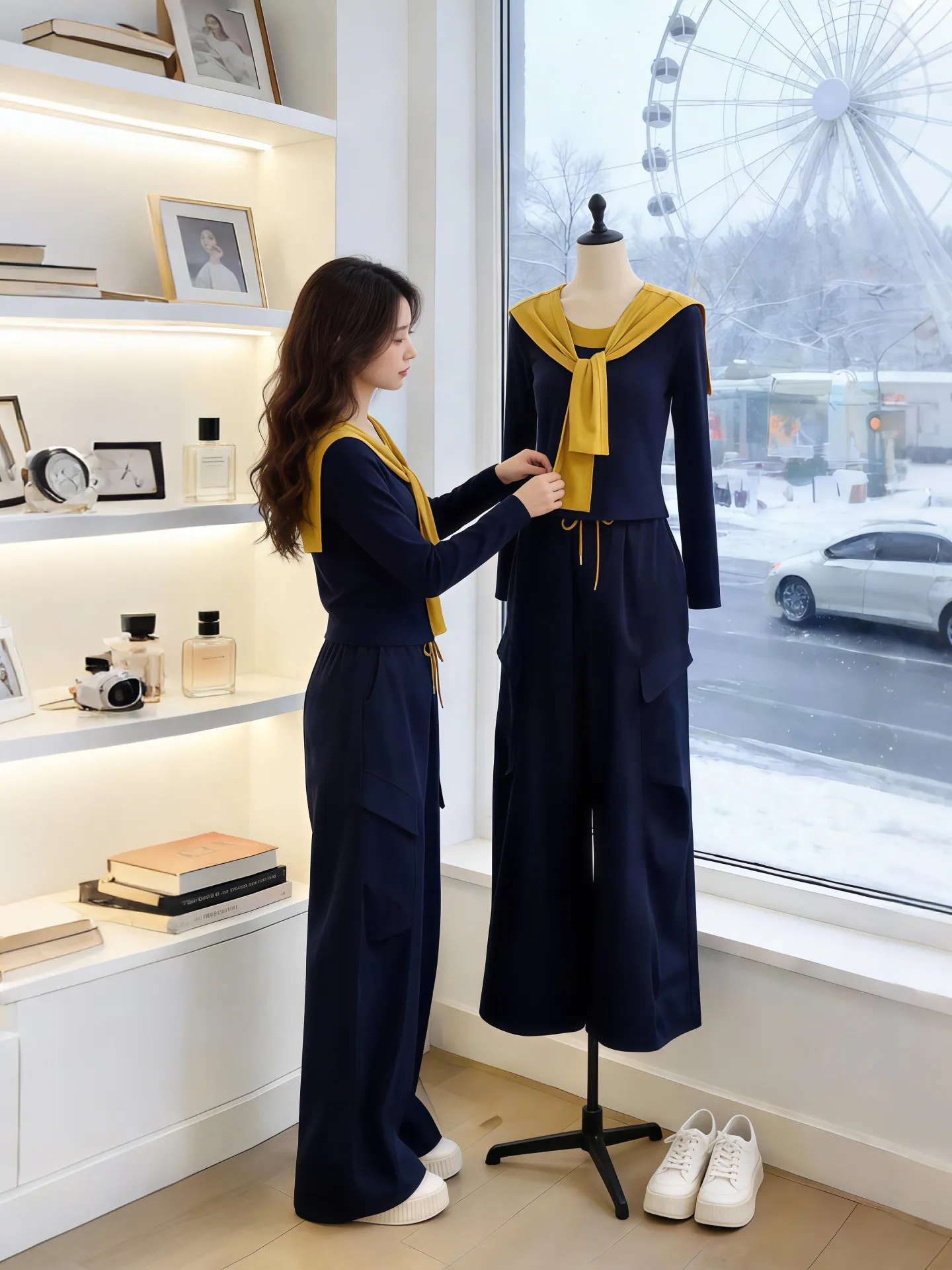 

Стильный корейский повседневный комплект: худи с цветовыми блоками и брюки с высокой талией и широкими штанинами. Женский модный комплект для весны и осени, дышащий и комфортный.