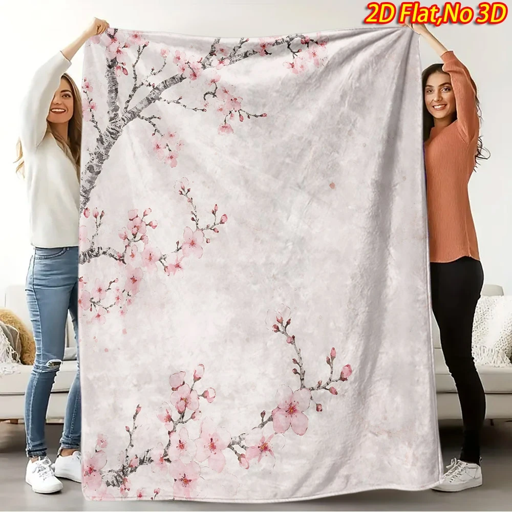 1pc 2D Flat Printing Spring & Summer New Arrival Comfortable Cherry Blossom Bloom Flannel Blanket, 100% Polyester Fiber HD Digit