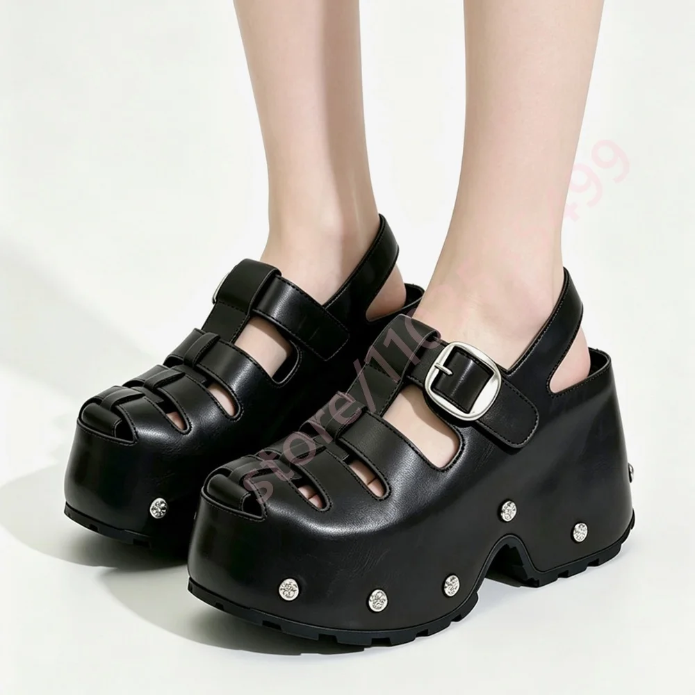 2026 Platform Woven Openwork Gladiator Sandals for Women Closed Toe Rhinestone Studded Wedge Heel Buckle Casual Summer Shoes