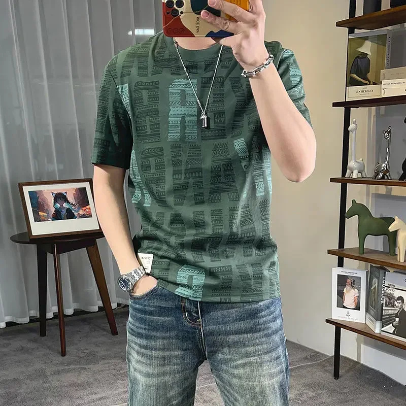 LIBIELIY Fashion O-Neck Spliced Printed Letter Vintage T-Shirts Men's Clothing 2025 Summer New Loose Casual Tops All-match Tee S