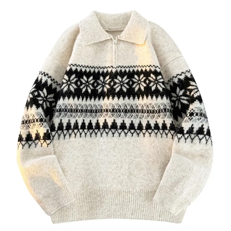 Autumn Winter New Mens Half Zip Collared Knit Sweater Retro Stylish Casual Loose Fit Knitwear Jacket Daily Wear Outerwear