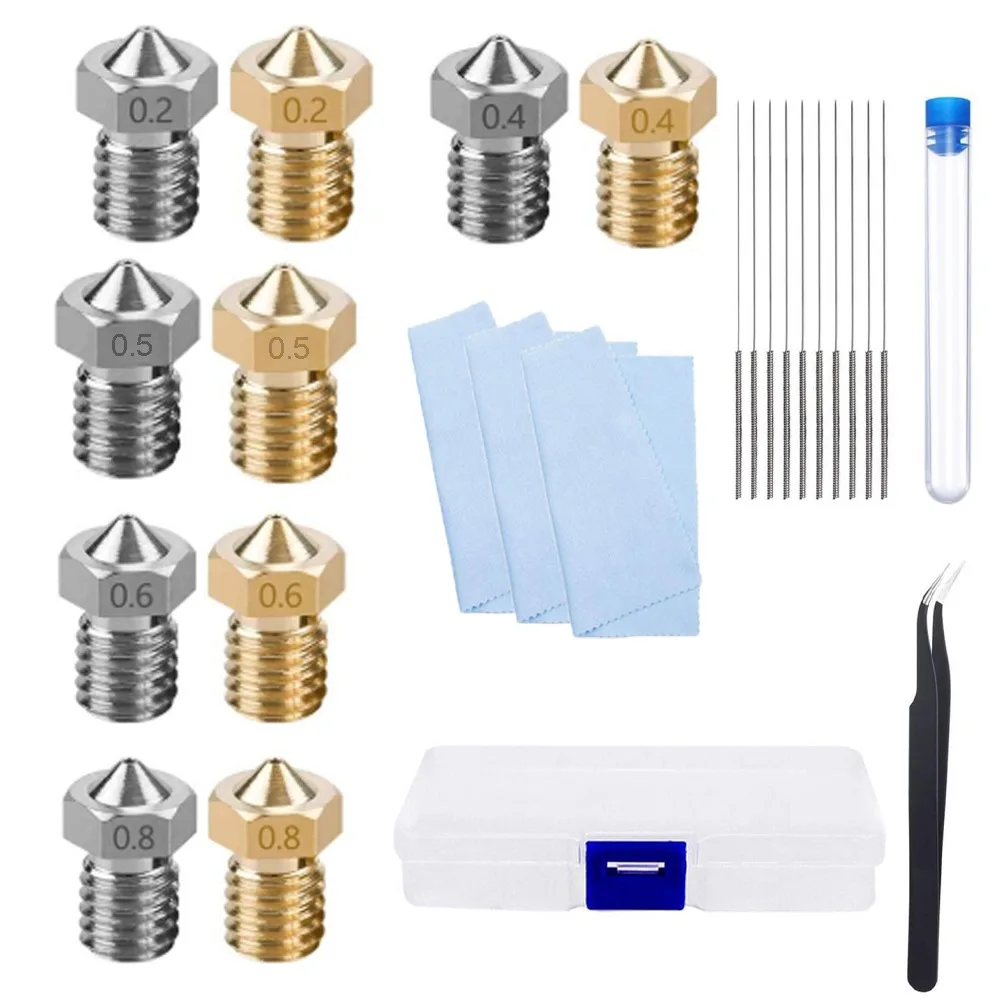 

Brass Stainless Steel 3D Printer Nozzles Extruder Print Head 0.2/0.4/0.5/0.6/0.8mm E3D Nozzle Cleaning Needles with Tweezers Kit
